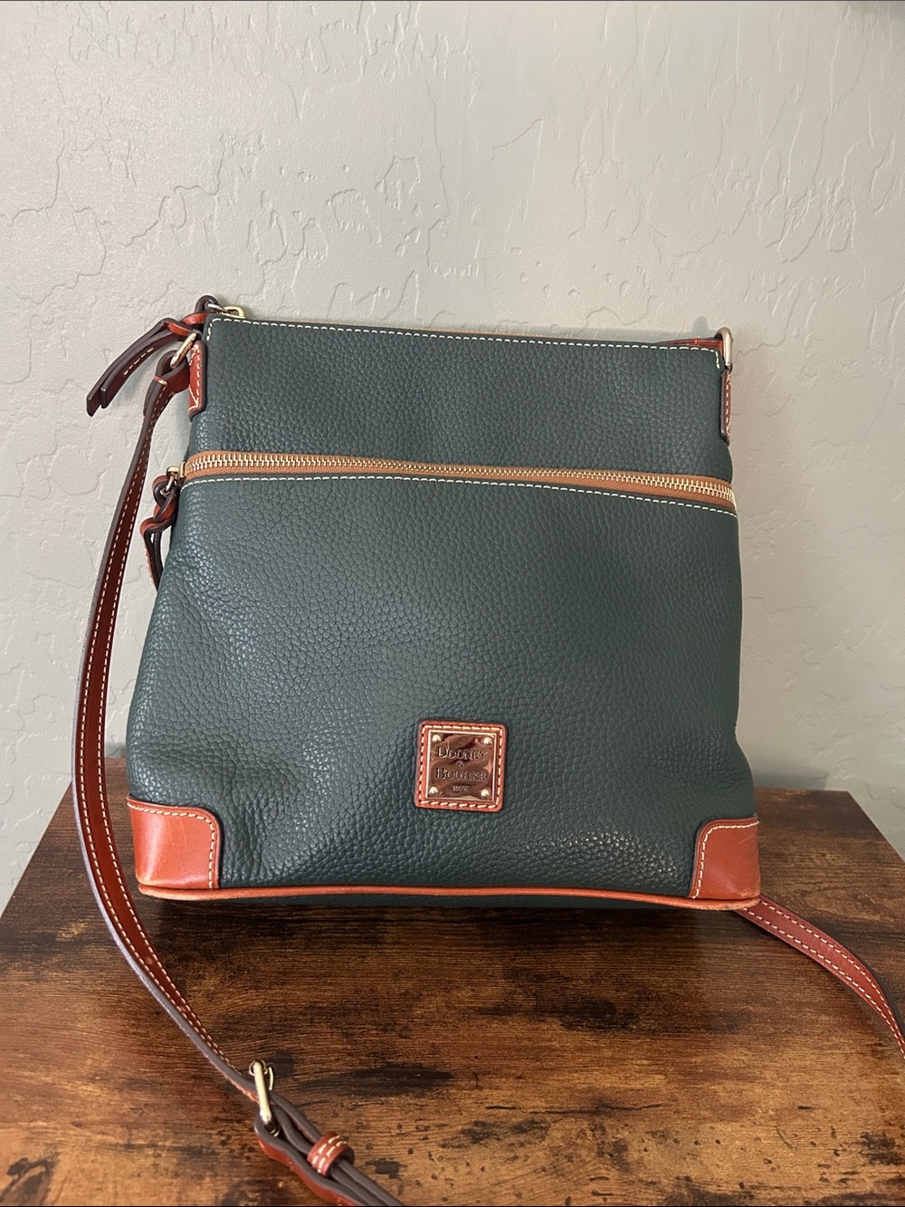Dooney & Bourke Green Pebbled Leather Crossbody with Brown Trim and Gold Zip
